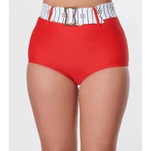 Unique Vintage High Waist Red Bikini Bottom 2X | Nautical Belt | Plus Size Swim